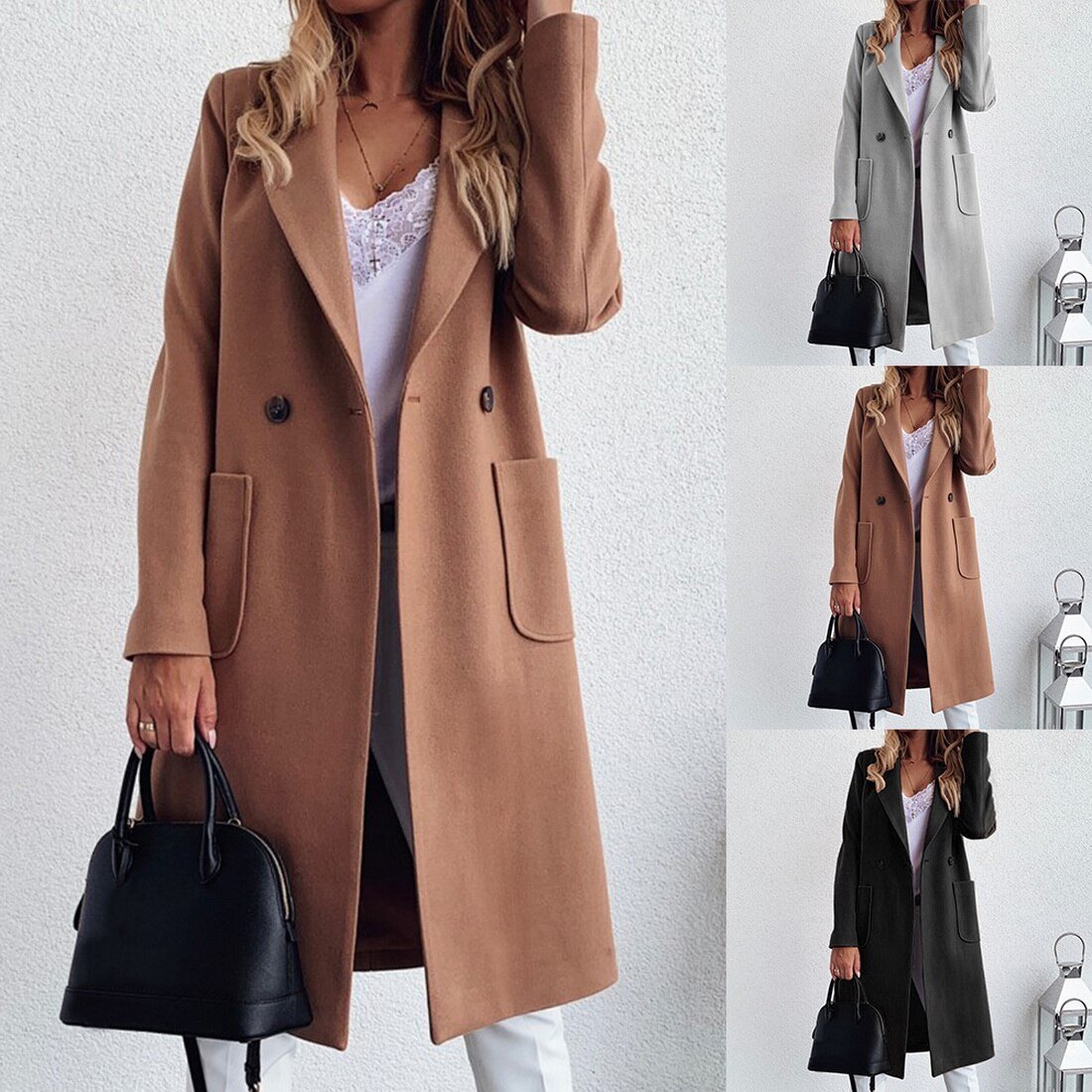 Autumn and winter solid color long-sleeved woolen coat