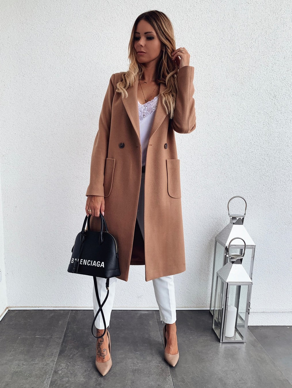 Autumn and winter solid color long-sleeved woolen coat