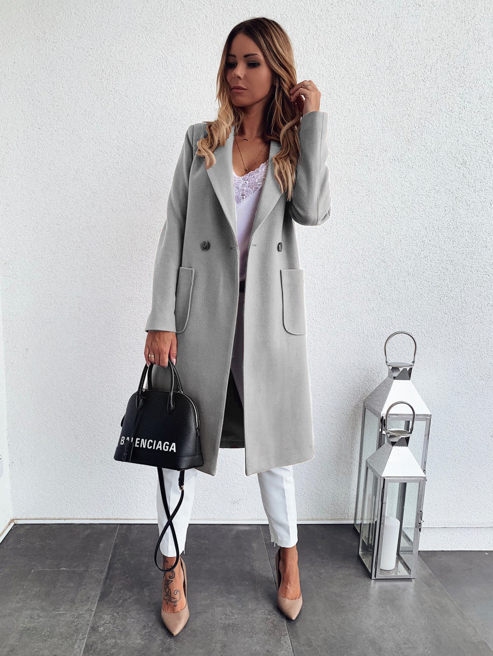 Autumn and winter solid color long-sleeved woolen coat