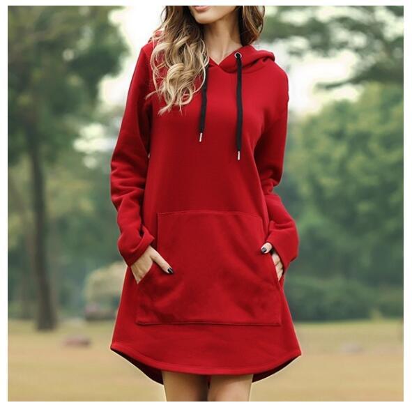 Solid color pocket long sleeve hoodie dress