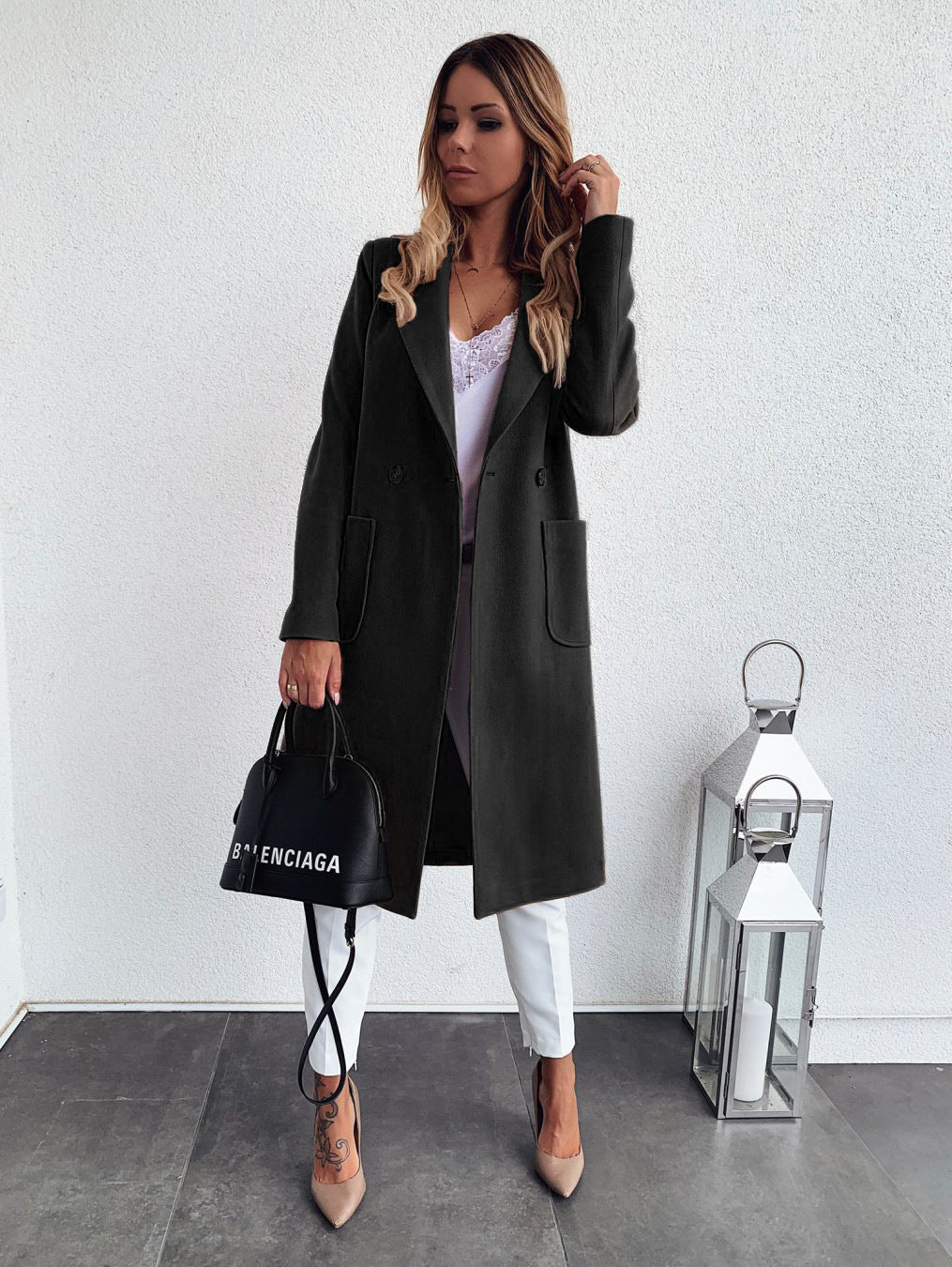 Autumn and winter solid color long-sleeved woolen coat