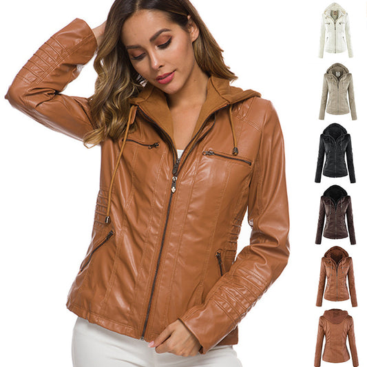 Fashion Detachable Hooded Jacket With Pockets Casual Solid Color Zipper Long Sleeve Leather Coat Leather Coat  Women's Clothing